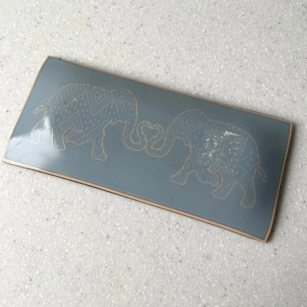 Elephant Heart Navy Blue Glass Trinket Dish Gold Trim Rectangular Tray Boho Love